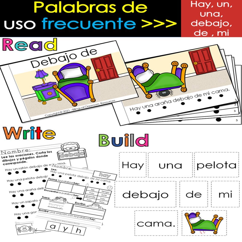Spanish High Frequency Words- Palabras de uso frecuente "hay", "un', "una", "debajo", "de", and "mi" and "puedo"