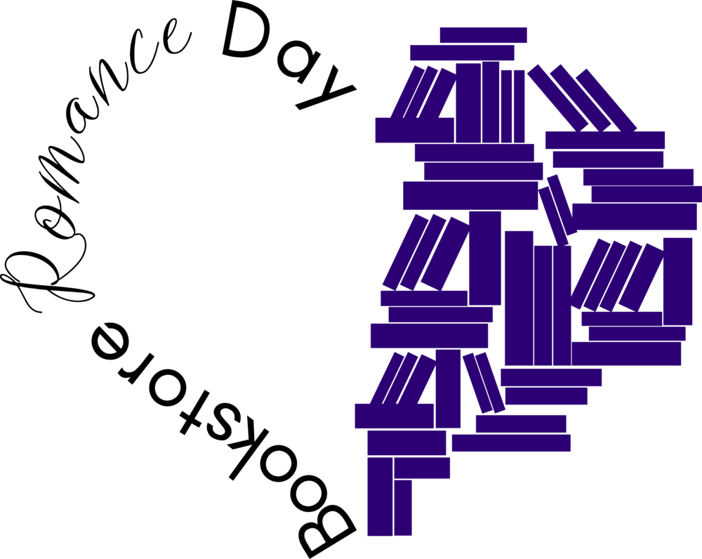 Bookstore Romance Day Logo in the shape of a heart with the right side comprised of dark blue-violet bookshelves & the left side of the words "Bookstore Romance Day"