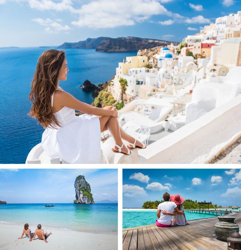 Collage of scenic travel destinations and relaxing beach experiences.