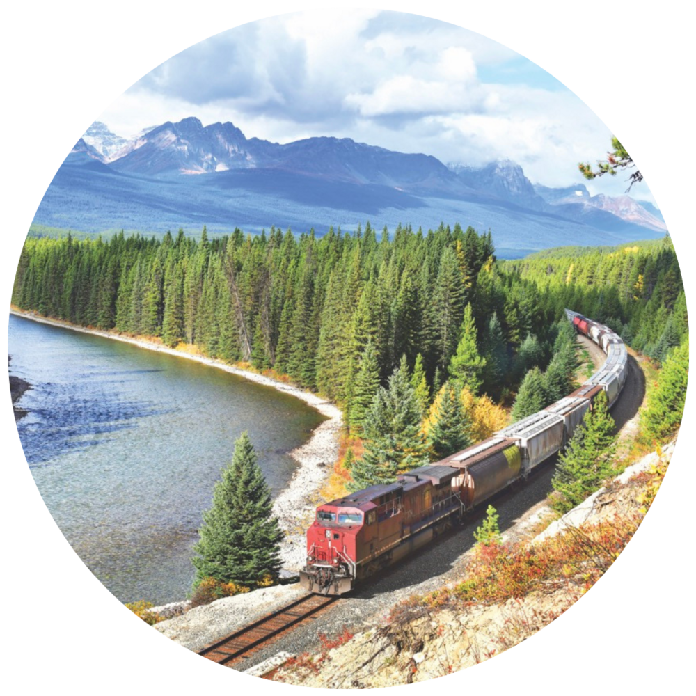 Train travel with mountain in background