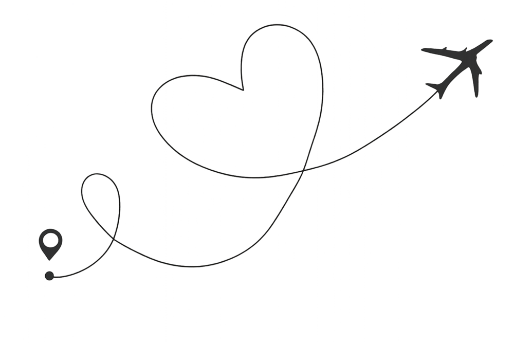 Illustration of an airplane flying along a heart shaped path, representing travel freedom and lifestyle design