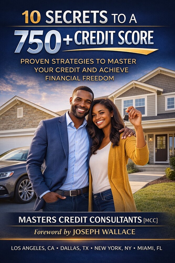 Cover of the free ebook “10 Secrets to a 750+ Credit Score” by Masters Credit Consultants, featuring a smiling Black couple standing in front of their new home holding car keys, representing financial freedom and credit success.
