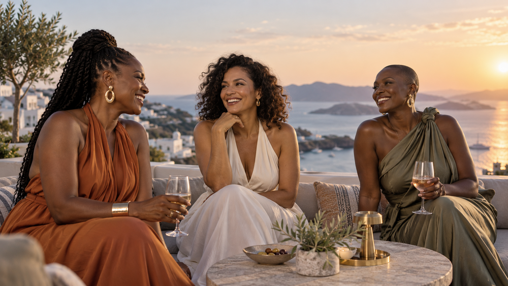 Three 45+ year old black women enjoying a glass of wine at a resort sitting at a table.
