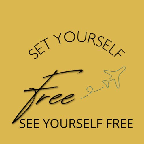 Logo image of airplane ascending with the words "Set Yourself Free" in bold font in a square with a mustard yellow background. 